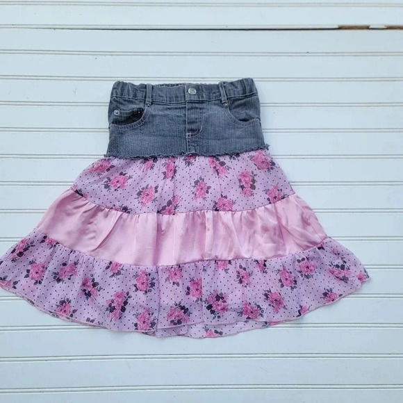 VTG CANDIES Girls Denim Jean Pink Polka Floral Satin Tiered Modest Skirt Size 5 - Picture 1 of 8